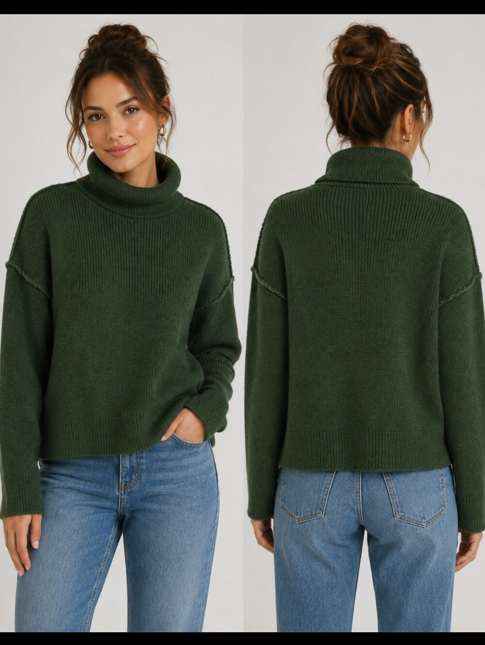Oversized Boxy Turtleneck Sweater Exposed Seams Forest Green Slouchy Knit XL